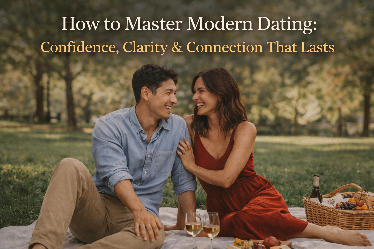 couple having a picnic laughing at the park