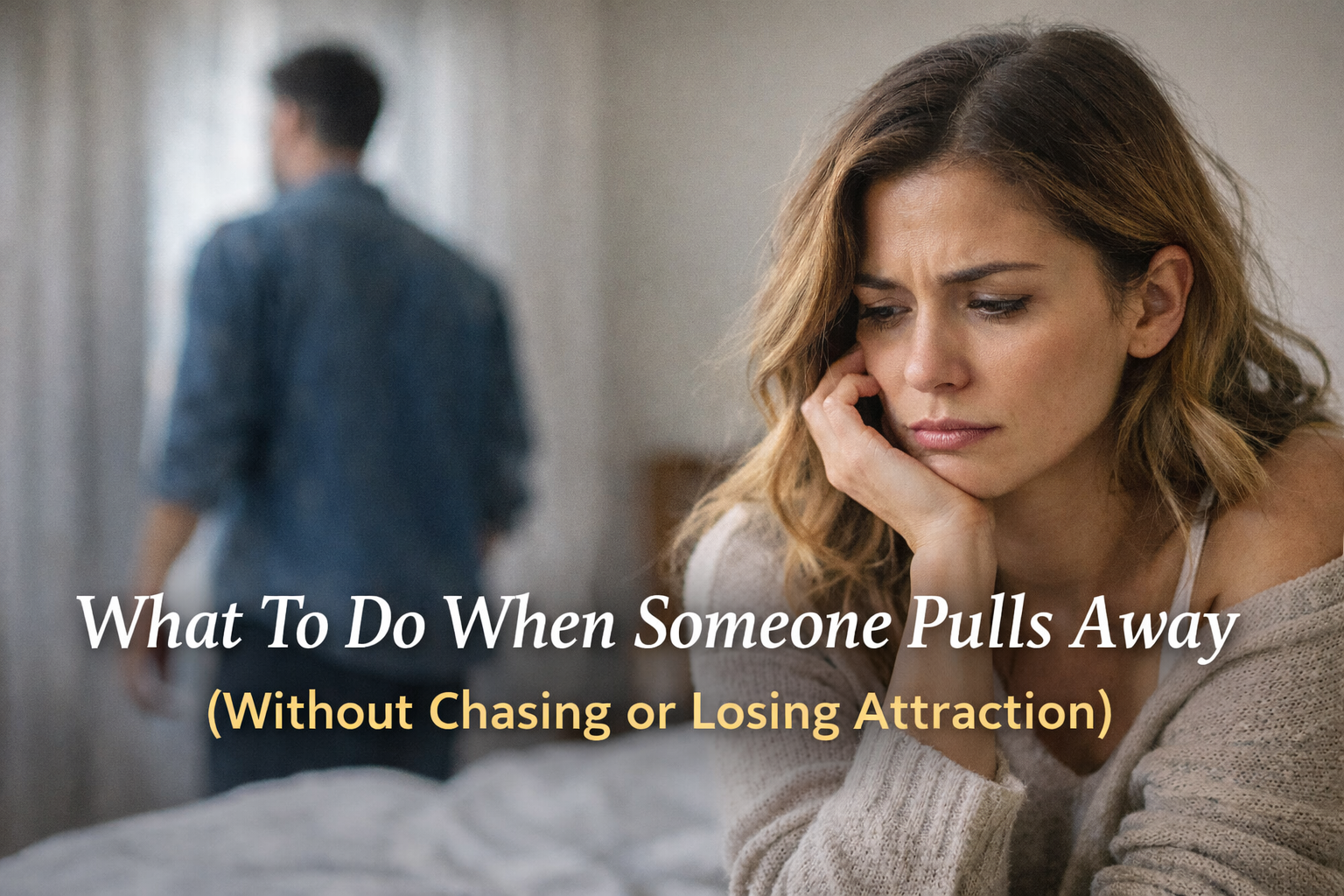 Woman remaining calm as a partner walks away, illustrating what to do when someone pulls away without chasing or losing attraction.